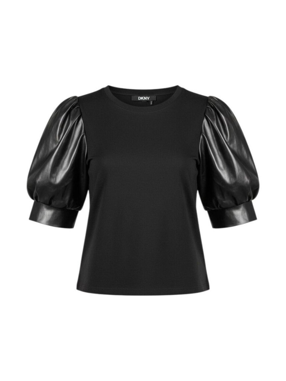 DKNY Black Puff Sleeve Top With Faux Leather Accents Size M Womens